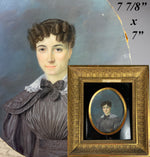 Superb c.1830-40 Large French Portrait Miniature of a Beautiful Young Woman, Wood Frame, Gesso Appliqué