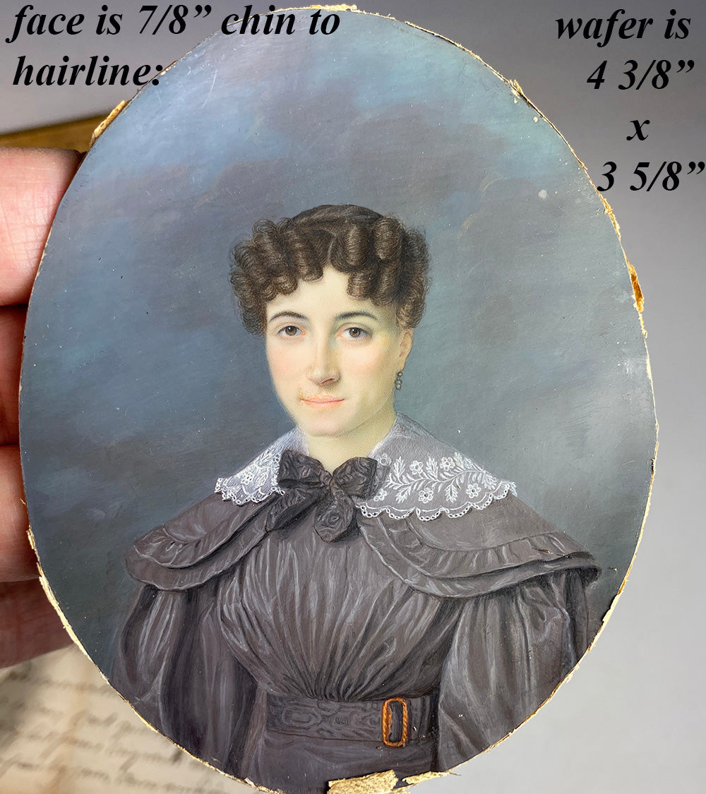 Superb c.1830-40 Large French Portrait Miniature of a Beautiful Young Woman, Wood Frame, Gesso Appliqué