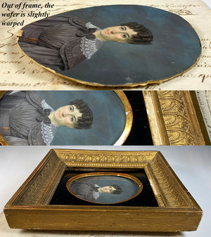 Superb c.1830-40 Large French Portrait Miniature of a Beautiful Young Woman, Wood Frame, Gesso Appliqué