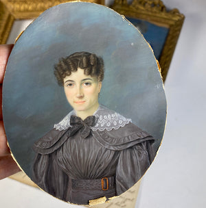 Superb c.1830-40 Large French Portrait Miniature of a Beautiful Young Woman, Wood Frame, Gesso Appliqué