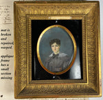 Superb c.1830-40 Large French Portrait Miniature of a Beautiful Young Woman, Wood Frame, Gesso Appliqué