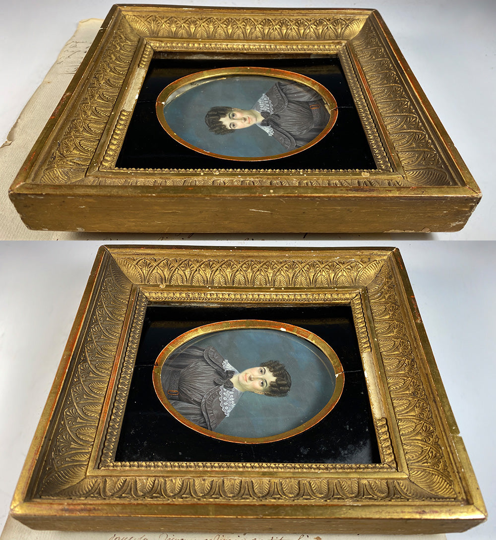 Superb c.1830-40 Large French Portrait Miniature of a Beautiful Young Woman, Wood Frame, Gesso Appliqué