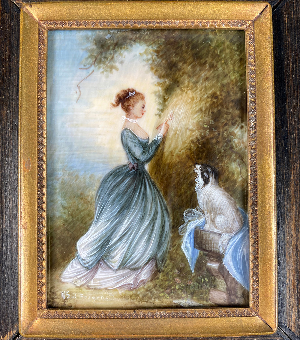 Antique Grand Tour Souvenir Portrait Miniature, 19th c. Landscape w Woman and Dog