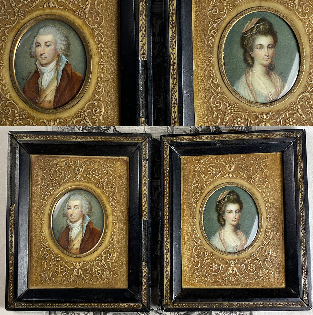 Pair (2) Antique Portrait Miniatures in Frame, Man and Woman, Grand Tour, Signed Romney