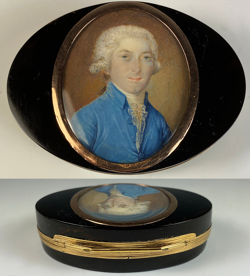 Rare 18th Century Portrait Miniature in Tortoise Shell Snuff or Patch Box, Heavy 18k Gold Fittings