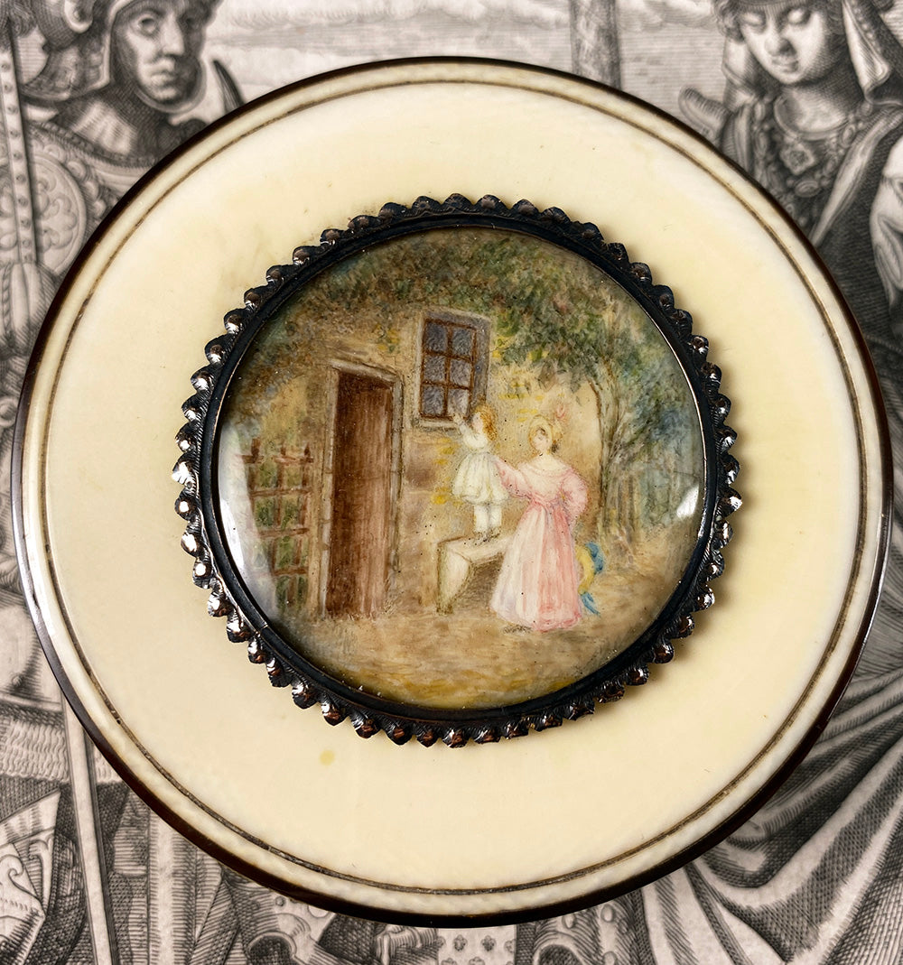 Antique French 17th Century Ivory Snuff Box, Miniature Portrait, Landscape, Child