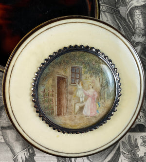 Antique French 17th Century Ivory Snuff Box, Miniature Portrait, Landscape, Child