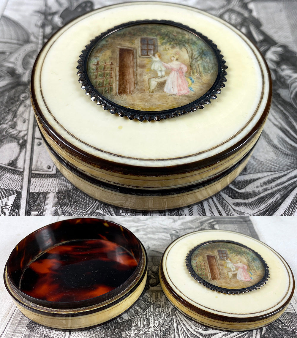 Antique French 17th Century Ivory Snuff Box, Miniature Portrait, Landscape, Child