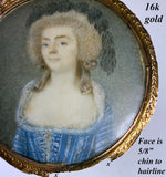 Antique 18th Century Portrait Miniature, "Naughty", in 16k Gold Mat and Ivory Snuff or Patch Box