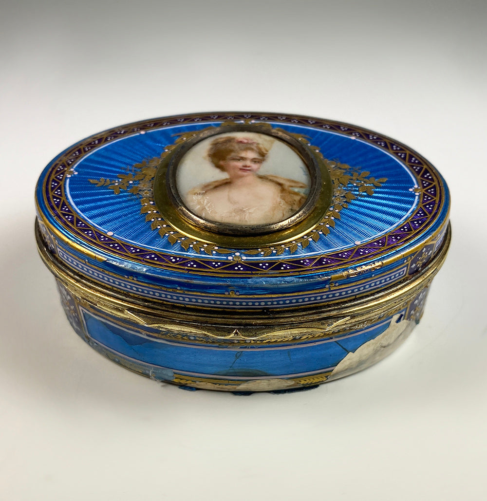 Fine Antique French Snuff Box, Kiln-fired Enamel, Portrait Miniature, Raised Gold & Guilloche, Damaged