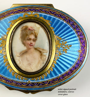 Fine Antique French Snuff Box, Kiln-fired Enamel, Portrait Miniature, Raised Gold & Guilloche, Damaged