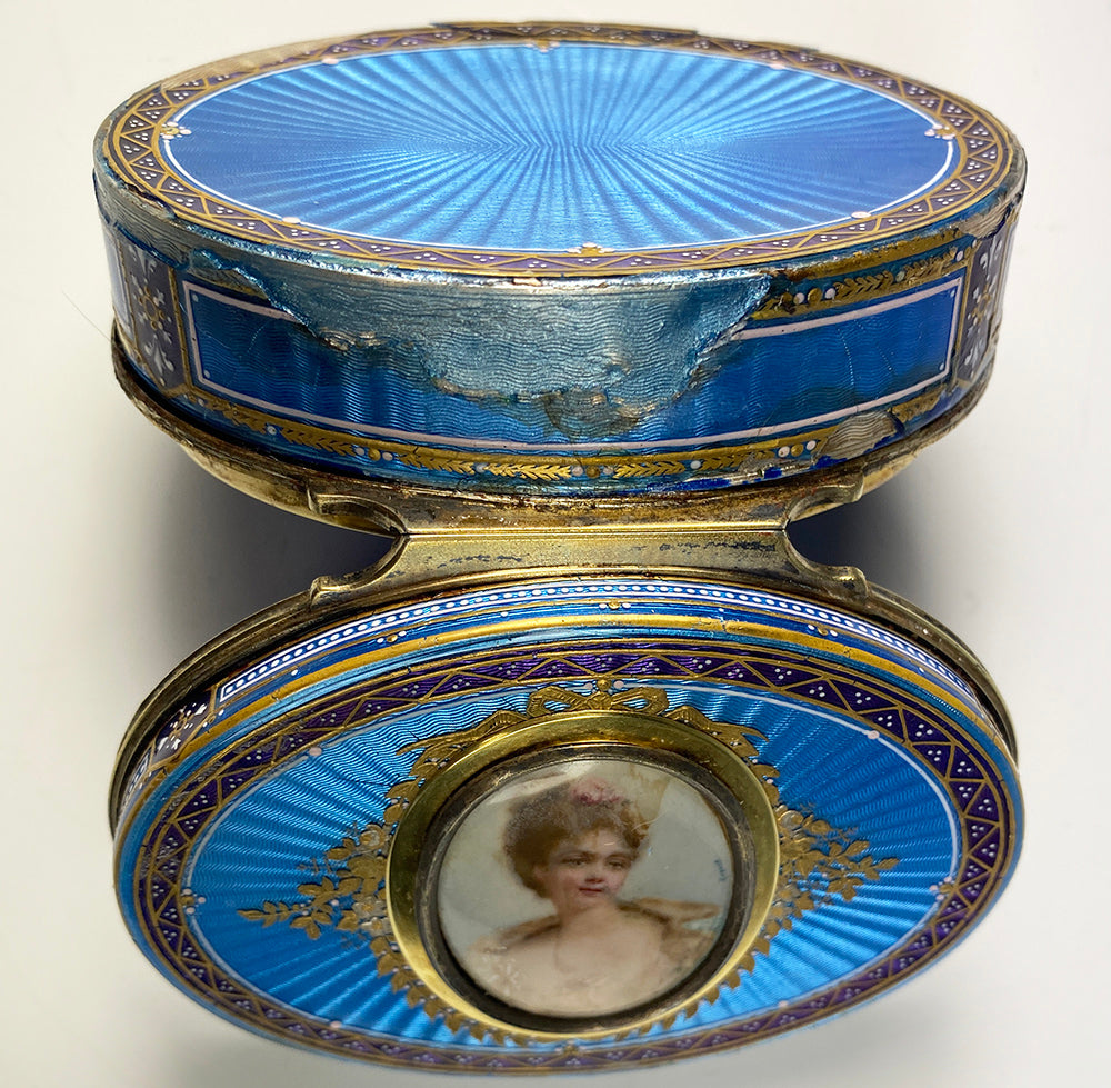 Fine Antique French Snuff Box, Kiln-fired Enamel, Portrait Miniature, Raised Gold & Guilloche, Damaged