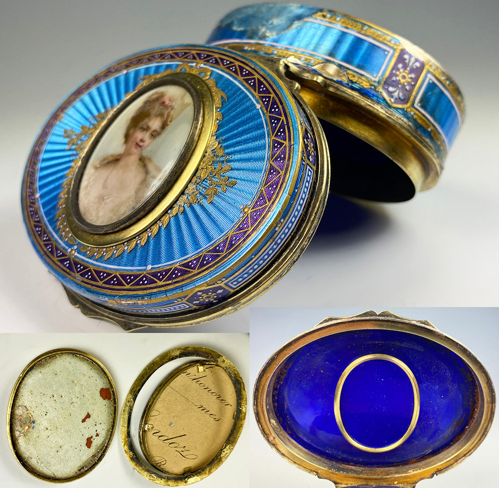 Fine Antique French Snuff Box, Kiln-fired Enamel, Portrait Miniature, Raised Gold & Guilloche, Damaged