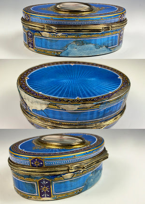 Fine Antique French Snuff Box, Kiln-fired Enamel, Portrait Miniature, Raised Gold & Guilloche, Damaged