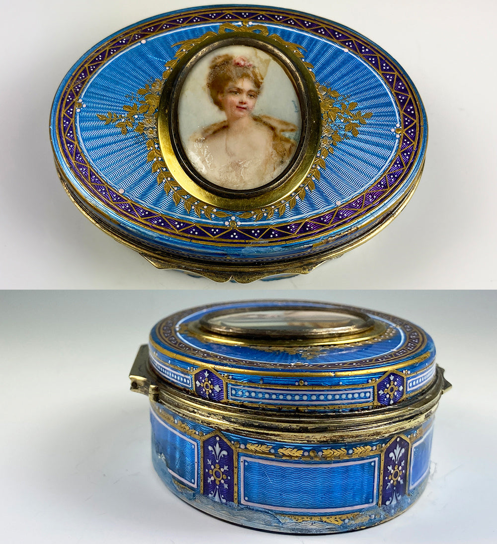 Fine Antique French Snuff Box, Kiln-fired Enamel, Portrait Miniature, Raised Gold & Guilloche, Damaged