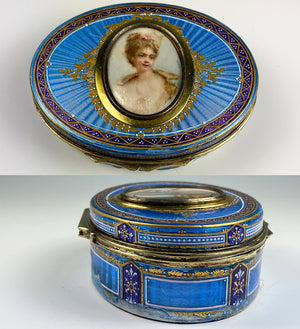 Fine Antique French Snuff Box, Kiln-fired Enamel, Portrait Miniature, Raised Gold & Guilloche, Damaged