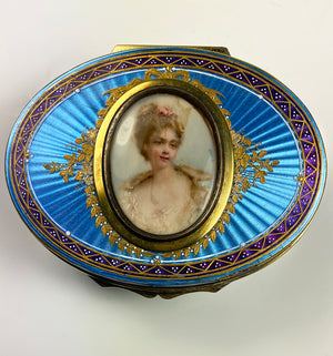 Fine Antique French Snuff Box, Kiln-fired Enamel, Portrait Miniature, Raised Gold & Guilloche, Damaged