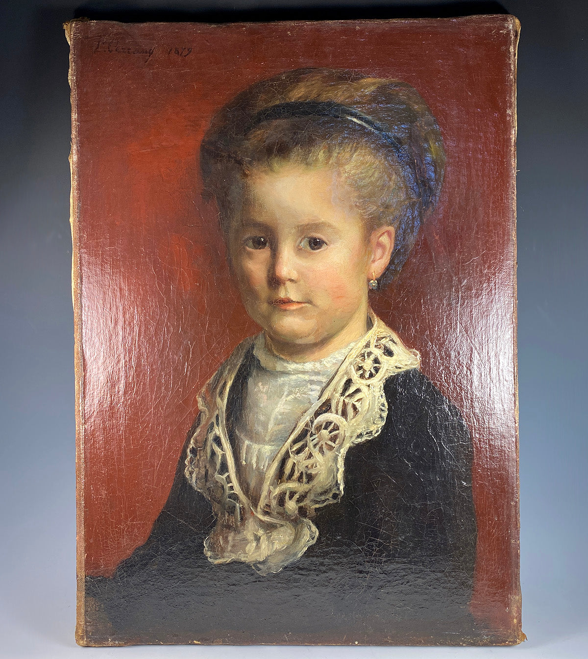 Fine Antique French Impressionist Portrait of a Child, Young Girl, Oil Painting on Canvas, Artist Signed