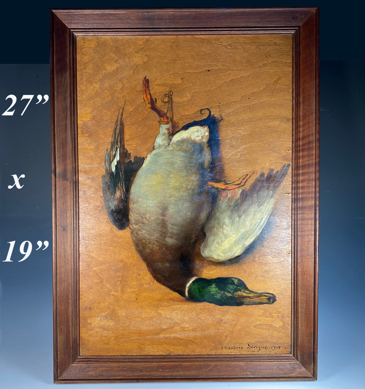 Antique French Oil Painting on Board, Framed Nature Morte or Still Live with Duck 27" x 19"