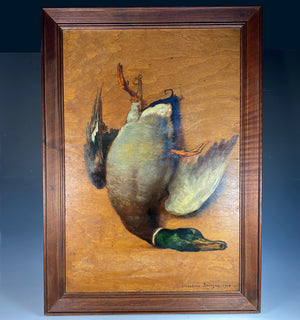 Antique French Oil Painting on Board, Framed Nature Morte or Still Live with Duck 27" x 19"