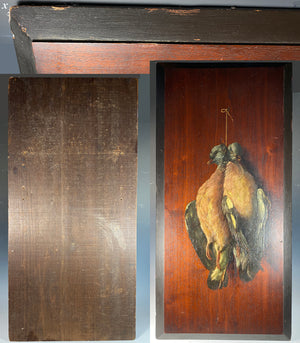Antique French Oil Painting on Wood, Nature Morte, Still Life of 2 Hanging Game Birds or Ducks 28" x 14.5" x 1"