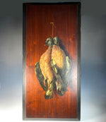 Antique French Oil Painting on Wood, Nature Morte, Still Life of 2 Hanging Game Birds or Ducks 28" x 14.5" x 1"