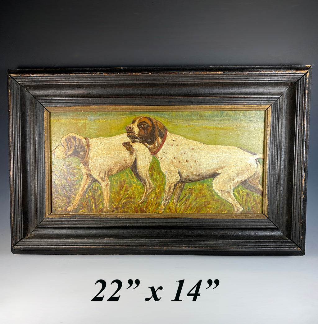 Antique French Oil Painting on Board, Hunting Dogs, Artist E. Chacerefois, 1837, In Frame