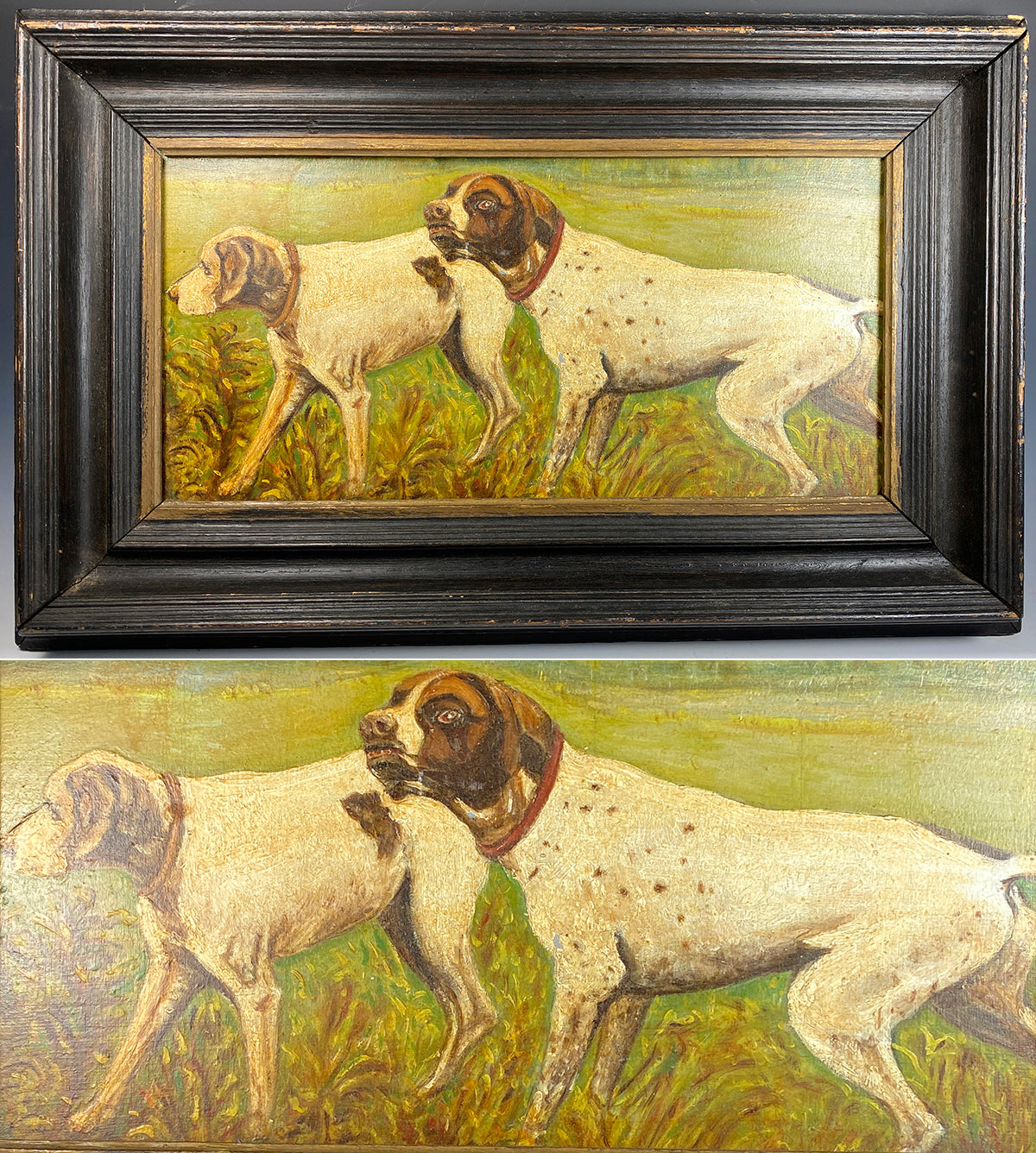 Antique French Oil Painting on Board, Hunting Dogs, Artist E. Chacerefois, 1837, In Frame