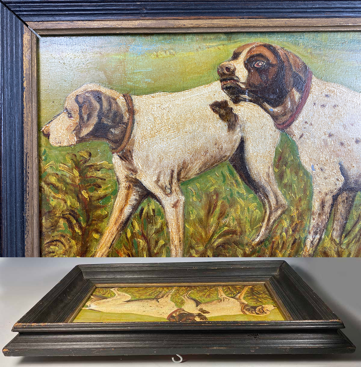 Antique French Oil Painting on Board, Hunting Dogs, Artist E. Chacerefois, 1837, In Frame