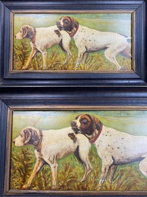 Antique French Oil Painting on Board, Hunting Dogs, Artist E. Chacerefois, 1837, In Frame