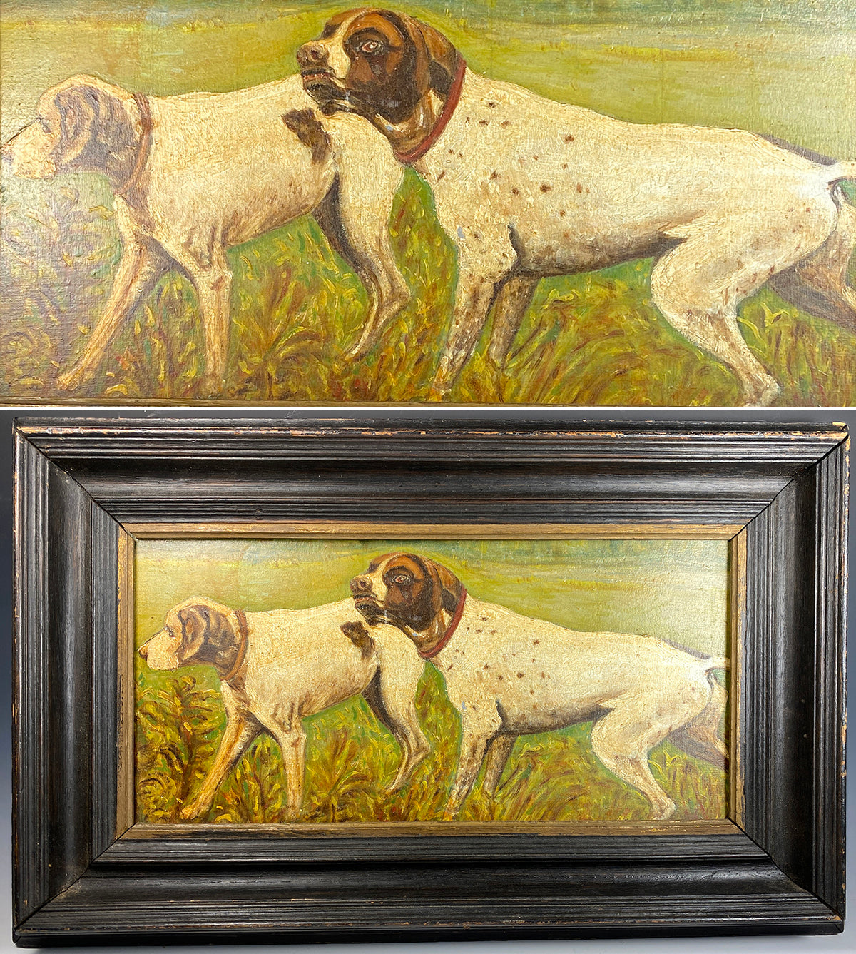 Antique French Oil Painting on Board, Hunting Dogs, Artist E. Chacerefois, 1837, In Frame