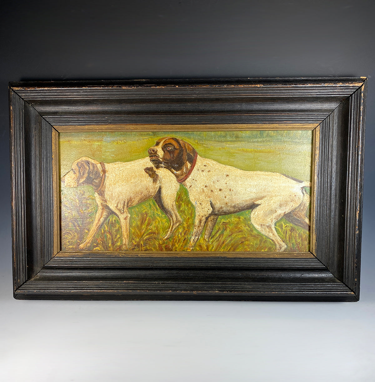 Antique French Oil Painting on Board, Hunting Dogs, Artist E. Chacerefois, 1837, In Frame