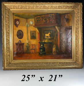 Antique Belgian Oil Painting, Elaborate And Personal Interior, A. Boudry, artist signed,  25" x 21" Frame