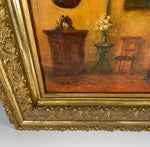 Antique Belgian Oil Painting, Elaborate And Personal Interior, A. Boudry, artist signed,  25" x 21" Frame