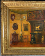 Antique Belgian Oil Painting, Elaborate And Personal Interior, A. Boudry, artist signed,  25" x 21" Frame