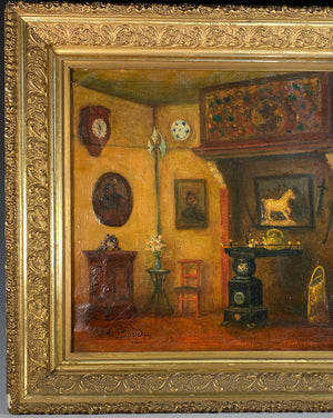 Antique Belgian Oil Painting, Elaborate And Personal Interior, A. Boudry, artist signed,  25" x 21" Frame