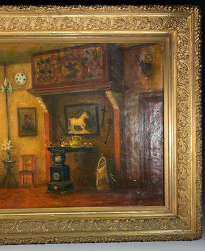 Antique Belgian Oil Painting, Elaborate And Personal Interior, A. Boudry, artist signed,  25" x 21" Frame