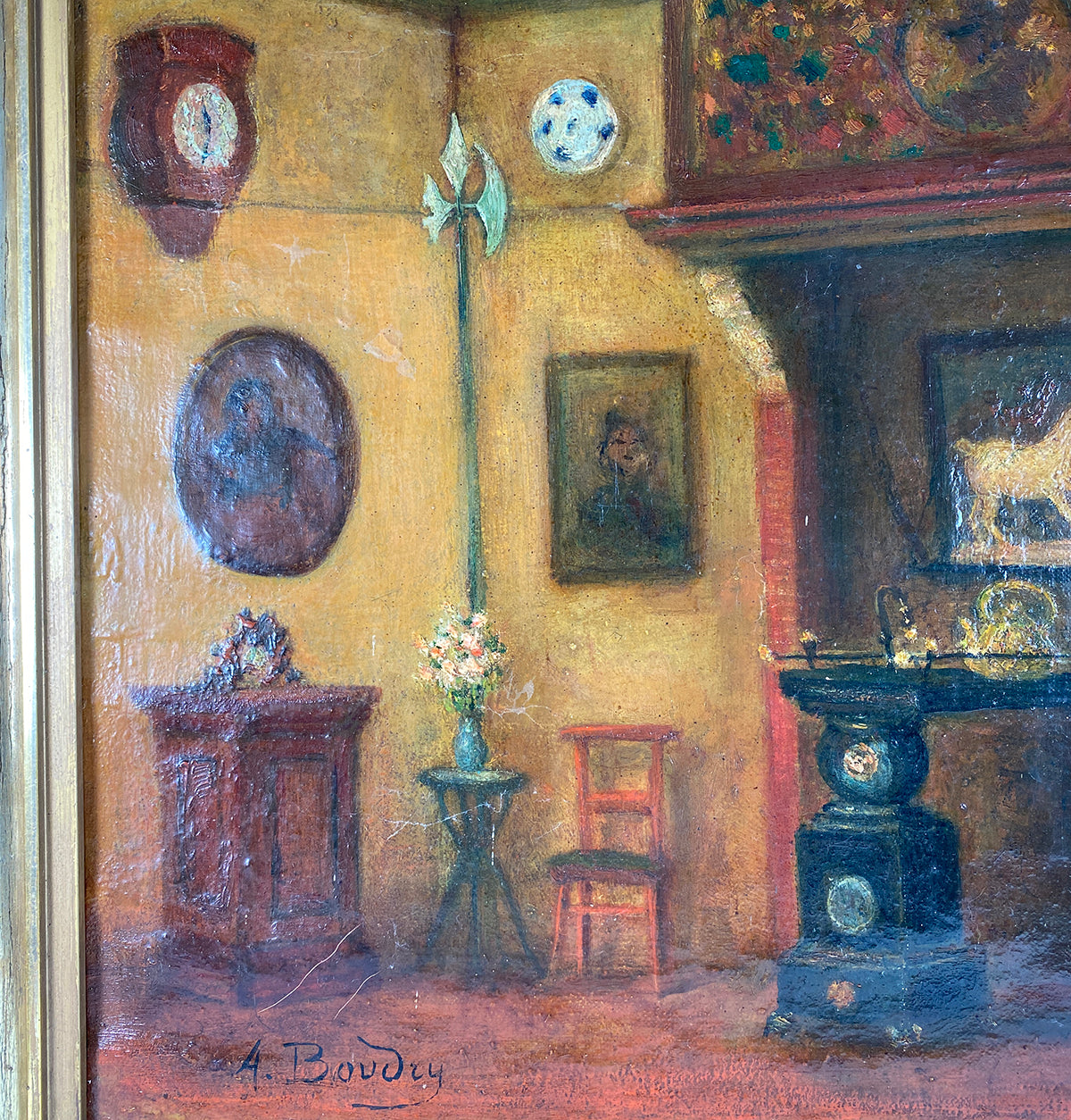 Antique Belgian Oil Painting, Elaborate And Personal Interior, A. Boudry, artist signed,  25" x 21" Frame