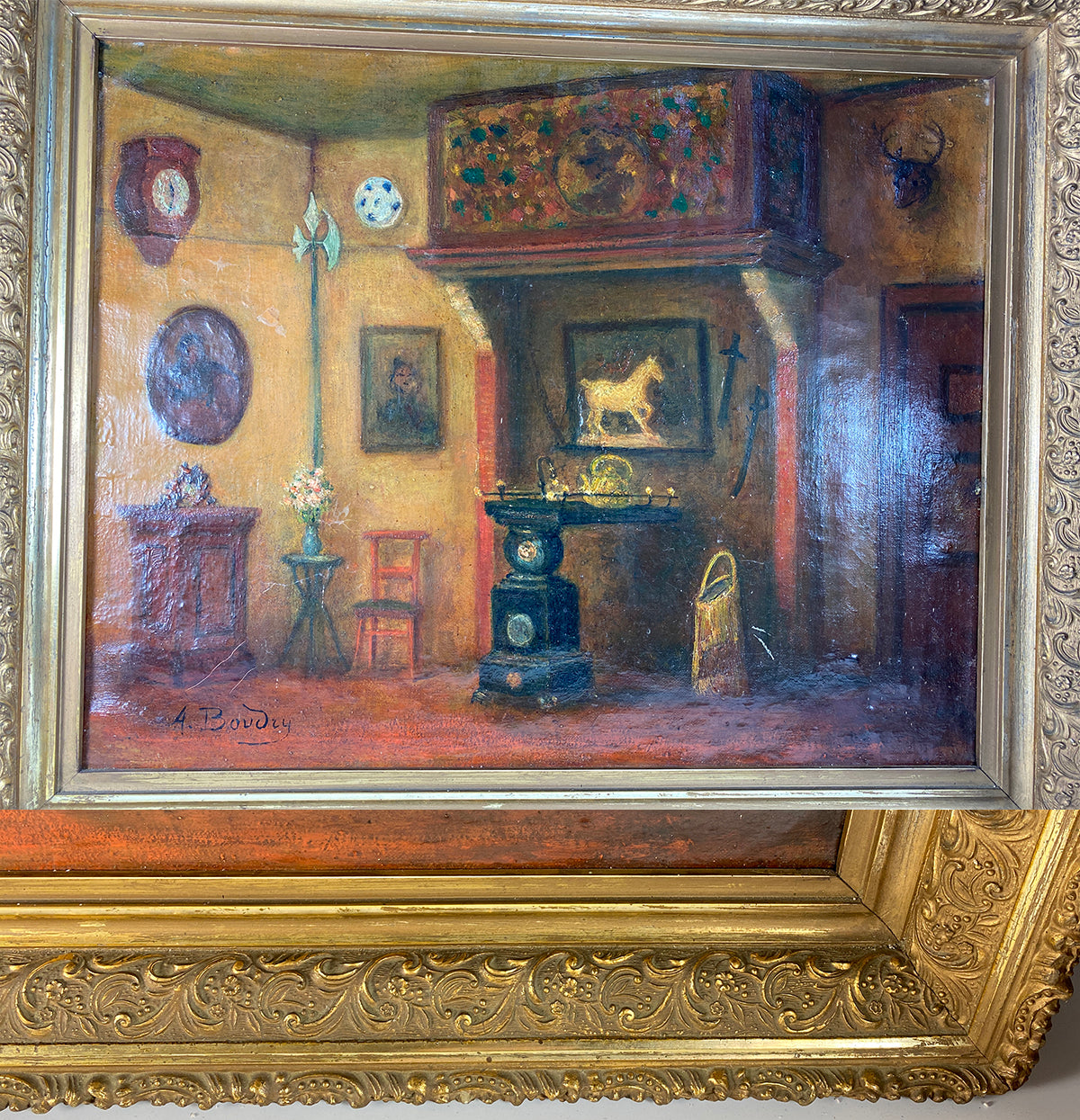 Antique Belgian Oil Painting, Elaborate And Personal Interior, A. Boudry, artist signed,  25" x 21" Frame