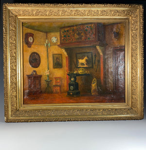 Antique Belgian Oil Painting, Elaborate And Personal Interior, A. Boudry, artist signed,  25" x 21" Frame