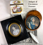 Antique French Portrait Miniature, c.1750s, Landscape and Young Beauty, Unique Burled Wood Etui, Frame