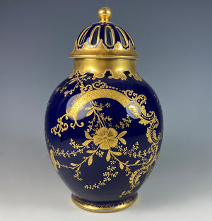 Antique Belle Epoch French M. Redon, Limoges Porcelain Potpourri, Raised Gold Enamel on Cobalt