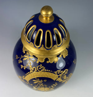 Antique Belle Epoch French M. Redon, Limoges Porcelain Potpourri, Raised Gold Enamel on Cobalt