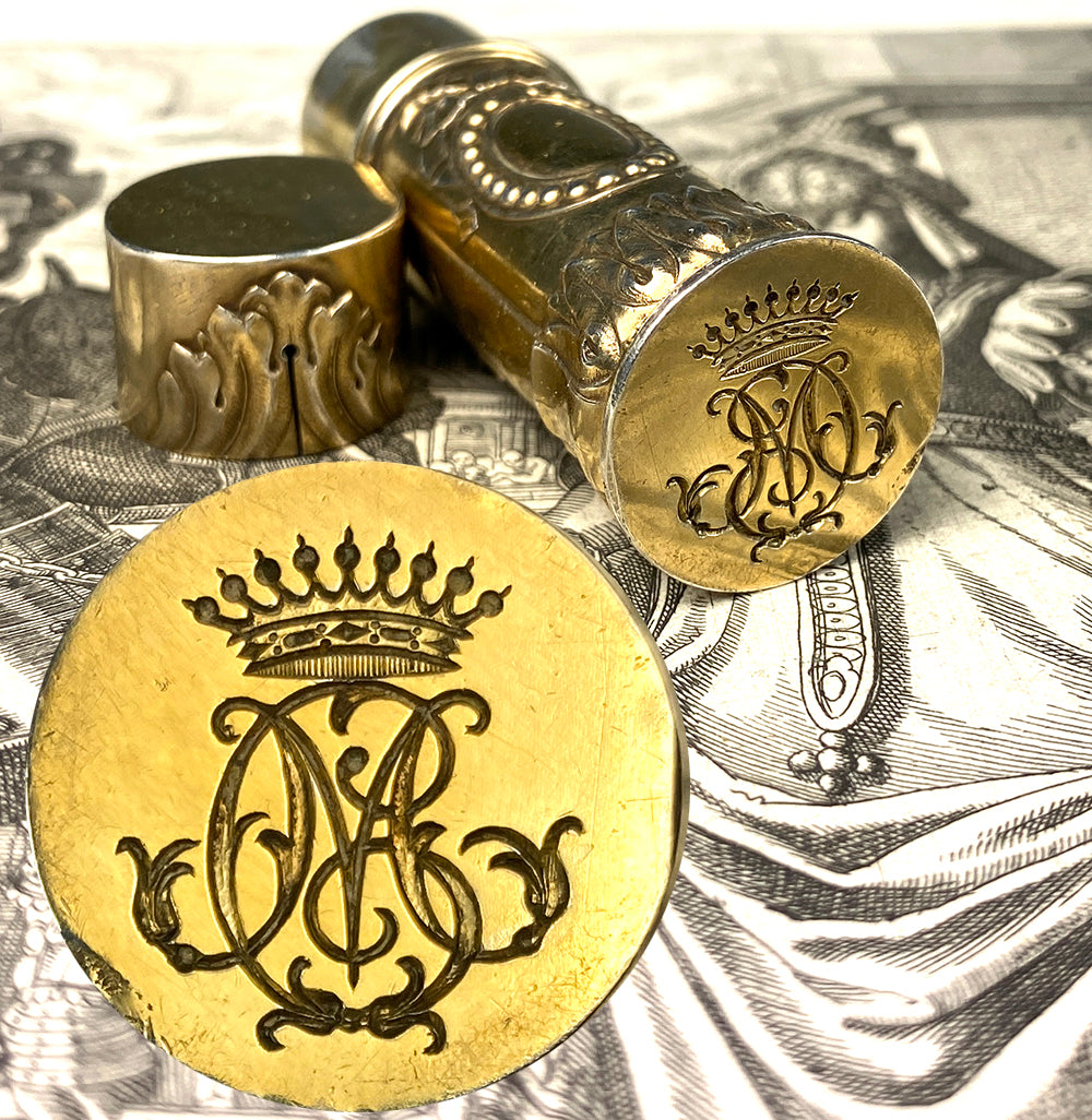 Superb Antique French Silver Vermeil Sceau, Etui a' Cire, Sealing Wax Case, Crown Monogram C M or M C