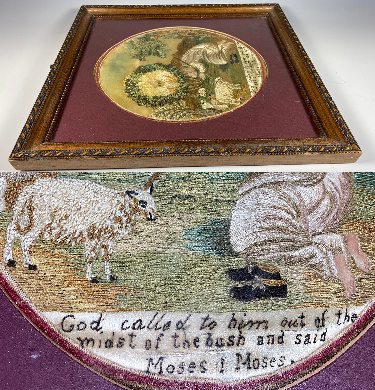 Antique English Silk Embroidery Georgian Sampler, c.1777, Shepherd Moses and Sheep, Landscape