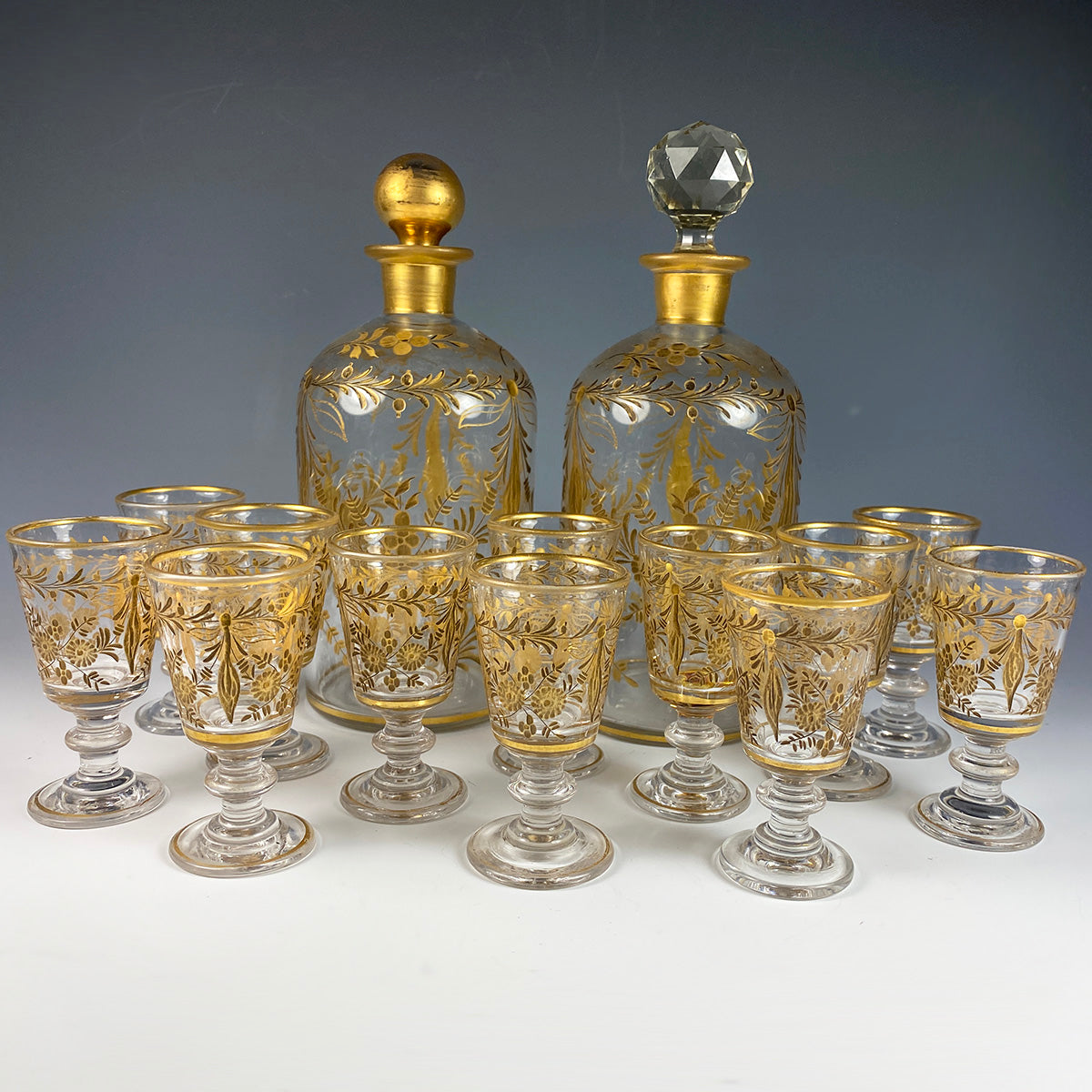 Fine Antique French Liqueur Service, Tray, 12 Cordial Stems, 2 Matching Decanters, +1