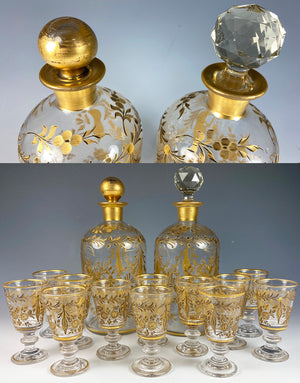 Fine Antique French Liqueur Service, Tray, 12 Cordial Stems, 2 Matching Decanters, +1