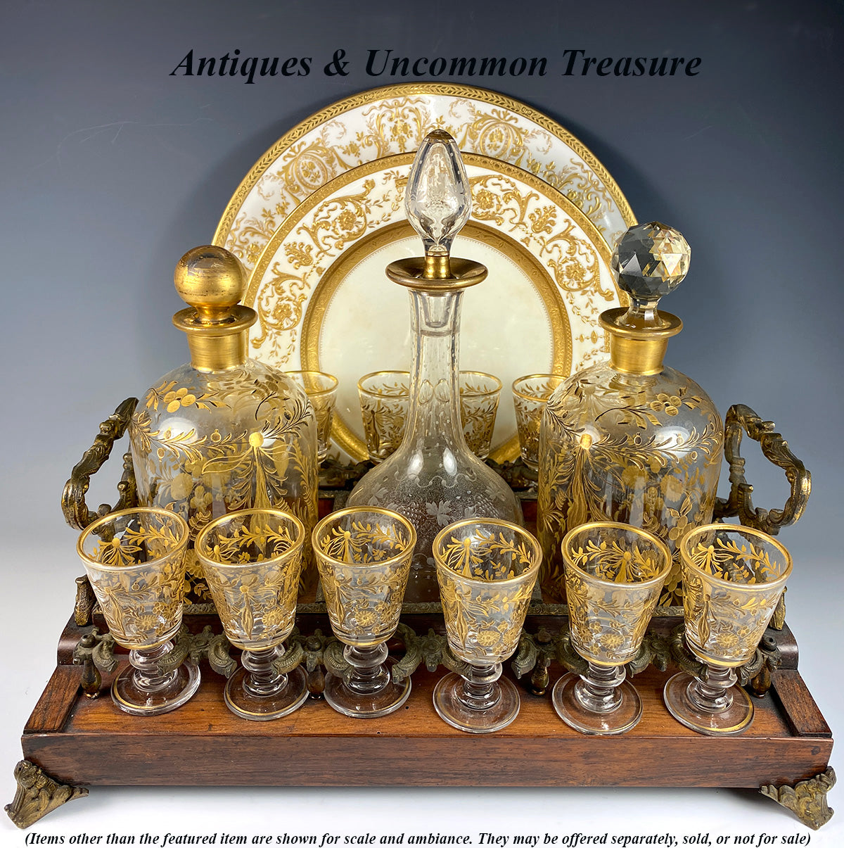 Fine Antique French Liqueur Service, Tray, 12 Cordial Stems, 2 Matching Decanters, +1