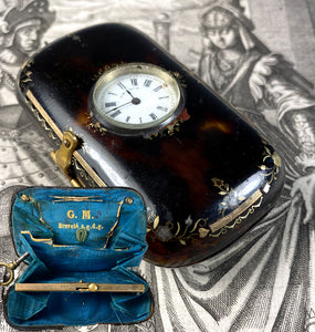 Fine Antique Mid 19th Century French Pique Tortoise Shell Coin Purse w Watch, Clock Mount