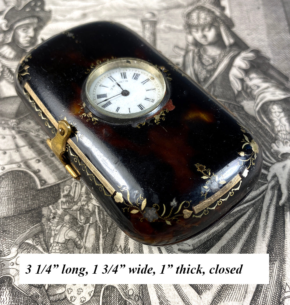 Fine Antique Mid 19th Century French Pique Tortoise Shell Coin Purse w Watch, Clock Mount